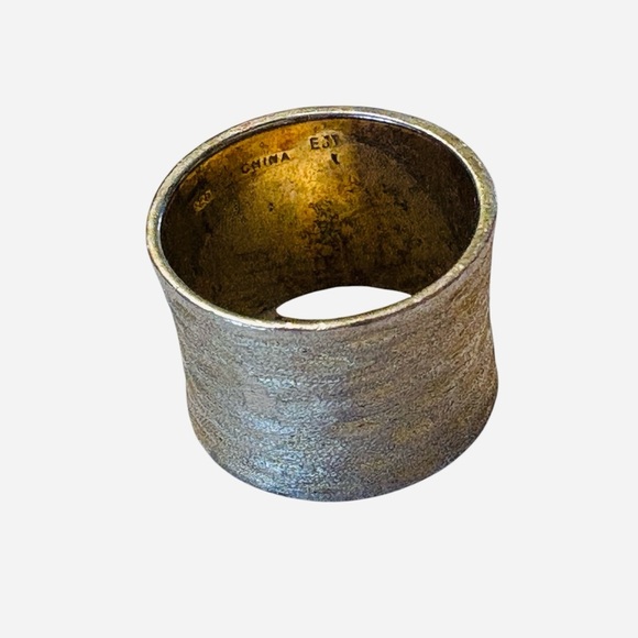 Hammered Wide Band Silver Ring 925 Gold Tone Vint - Picture 9 of 10